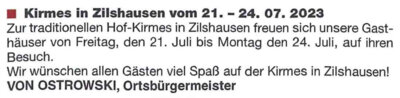 Kirmes in Zilshausen vom 21.07. - 24.07.23