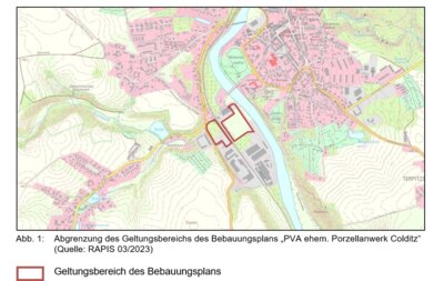 Abgrenzung des Geltungsbereichs des Bebauungsplans „PVA ehem. Porzellanwerk Colditz“ (Quelle: RAPIS 03/2023)