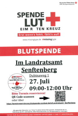 Blutspende im Landratsamt Senftenberg am 27. Juli, 9-12 Uhr (Bild vergrößern)