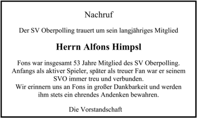 Meldung: SV Oberpolling trauert um sein langjähriges Mitglied Herrn Alfons Himpsl