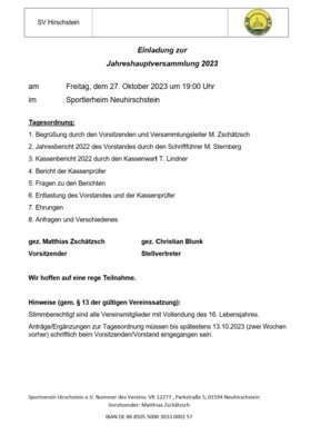 Jahreshauptversammlung am 27.10.2023