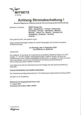 Foto zur Meldung: +++ Bitte beachten - Information der MITNETZ STROM GmbH zur Stromabschaltung am 05.09.2023 von 06 bis 08 Uhr +++