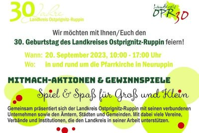 30 Jahre Landkreis Ostprignitz-Ruppin - ein Fest für alle am 20. September 2023 rund um die Kulturkirche Neuruppin - Kyritz feiert mit