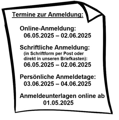 Anmeldetermine 5. Klassen für das Schuljahr 2025/2026