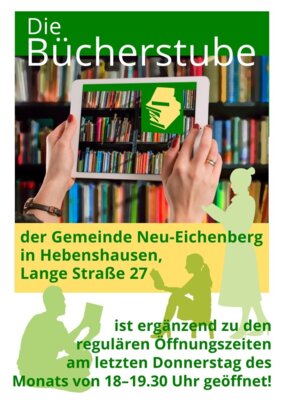 Die Bücherstube der Gemeinde Neu-Eichenberg in Hebenshausen, Lange Straße 27, öffnet am letzten Donnerstag jeden Monats von 18:00 Uhr bis 19:30 Uhr ihre Pforte! (Bild vergrößern)