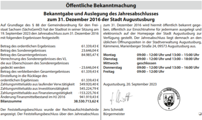 Öffentliche Bekanntmachung: Bekanntgabe und Auslegung des Jahresabschlusses zum 31. Dezember 2016 der Stadt Augustusburg