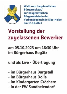 Vorstellung der zugelassenen Bewerber der Wahl zum/zur Bürgermeister/in der Verbandsgemeinde Elbe-Heide (Bild vergrößern)