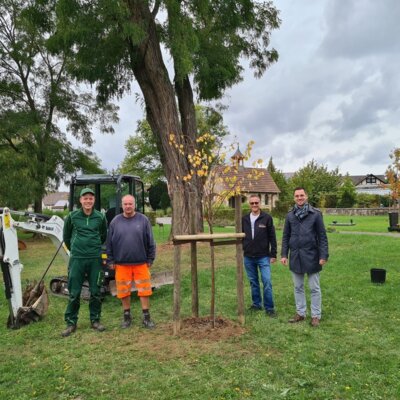 Gastgeschenk aus Windischgarsten steht im St. Georg-Park, v. l. n. r.: Henrik Keller, Karl Spahn, Ortsvorsteher Jürgen Hübl, Bürgermeister Florian Fritzsch