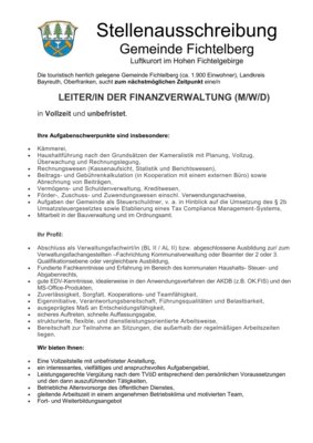 Stellenausschreibung Leiter/in der Finazverwaltung (m/w/d)