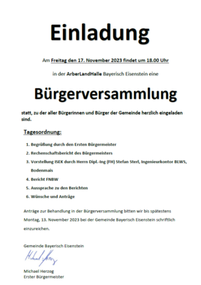 Einladung zur Bürgerversammlung am 17.11.2023 um 18:00 Uhr in der ArberLandHalle