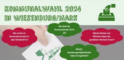 21.02.2024 - Info-Veranstaltung zur Kommunalwahl 2024 - Kandidieren Sie als Ortsbeirät*in oder Gemeindevertreter*in und machen Sie sich stark für die Gemeinde Wiesenburg/Mark! (Bild vergrößern)