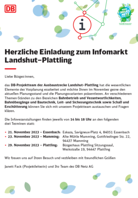 Einladung der Deutschen Bahn zum Infomarkt der Ausbaustrecke Landshut-Plattling