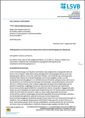 Stellungnahme der LSVB e.V. im Rahmen der Verbandsanhörung zum Entwurf eines Bayerischen Seniorenmitwirkungsgesetzes (BaySenG) (Bild vergrößern)