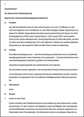 Gesetzentwurf BaySenG der Bayerischen Staatsregierung. (Bild vergrößern)