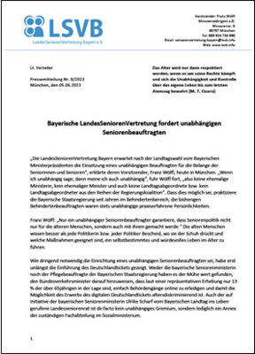 Meldung: Bayerische LandesSeniorenVertretung fordert unabhängigen Seniorenbeauftragten.