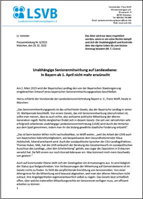 Meldung: Unabhängige Seniorenmitwirkung auf Landesebene: In Bayern ab 1. April nicht mehr erwünscht.