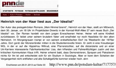 Meldung: Potsdam Premierenlesung DER IDEALIST