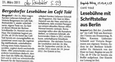 Meldung: Lesung in der Bergedorfer Lesebühne im Café Tolé