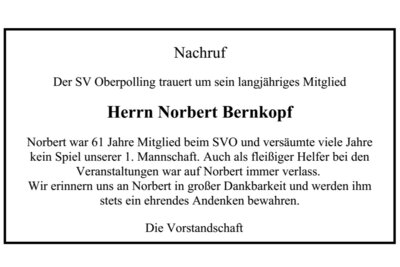Meldung: SV Oberpolling trauert um sein langjähriges Mitglied Herrn Norbert Bernkopf