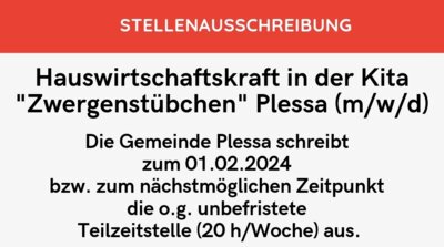 Stellenausschreibung - Hauswirtschaftskraft in der Kita „Zwergenstübchen“ Plessa (m/w/d) (Bild vergr&ouml;&szlig;ern)