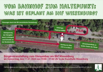 Bürgerveranstaltung zum Gleisumbau am Bhf Wiesenburg am Donnerstag, dem 11.01.2024 von 19:00 - 21:00 Uhr in der Kunsthalle Wiesenburg (Bild vergrößern)