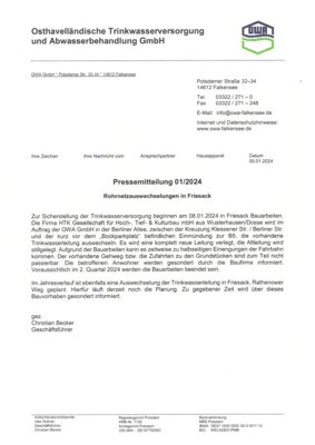 Baubeginn witterungsbedingt um 2 Wochen verschoben! - Rohrnetzauswechselungen in Friesack ca. ab 22.01.2024