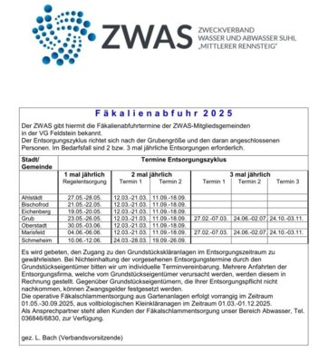 Fäkalienabfuhrtermine 2025 der ZWAS-Mitgliedsgemeinden (Bild vergrößern)