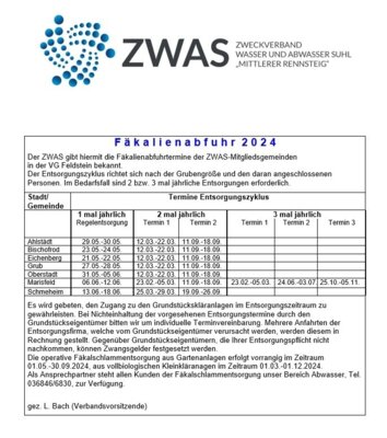 Fäkalienabfuhrtermine 2024 der ZWAS-Mitgliedsgemeinden (Bild vergrößern)