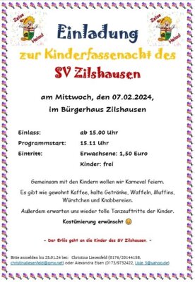 Einladung zur Kinderfassenacht des SV Zilshausen