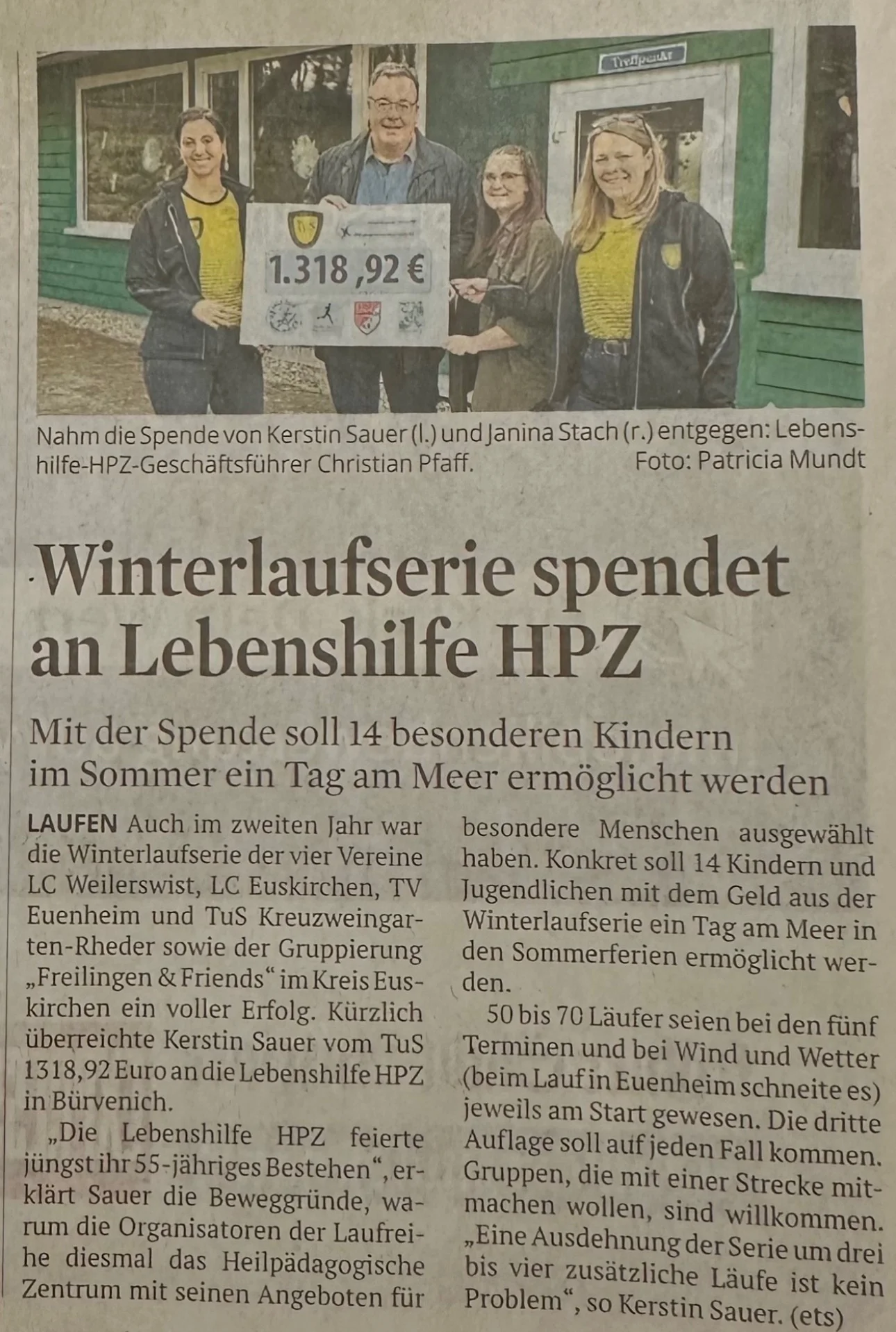 Pressespiegel: Winterlaufserie spendet an Lebenshilfe HPZ