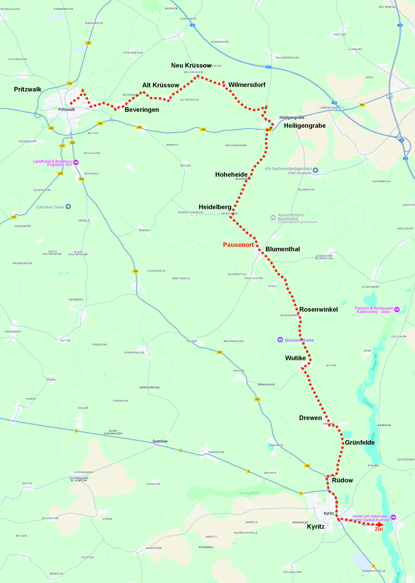 Der Streckenverlauf für das Anradeln 2025 nach Kyritz. Foto: Stadt Pritzwalk