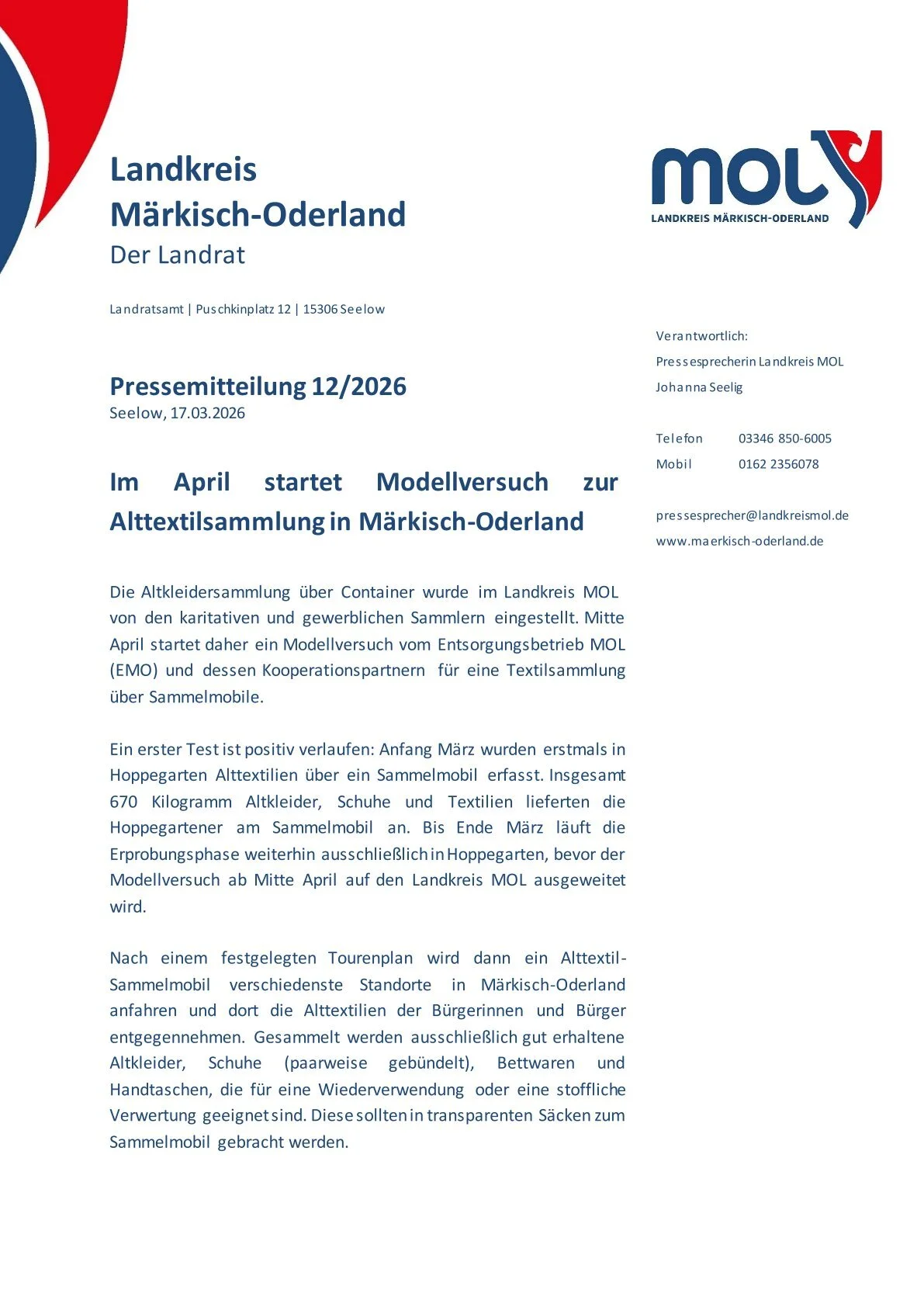 Im April startet Modellversuch zur  Alttextilsammlung in Märkisch-Oderland