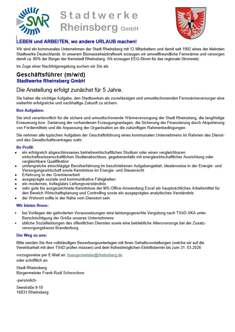 Ausschreibung Stadtwerke Rheinsberg GmbH
