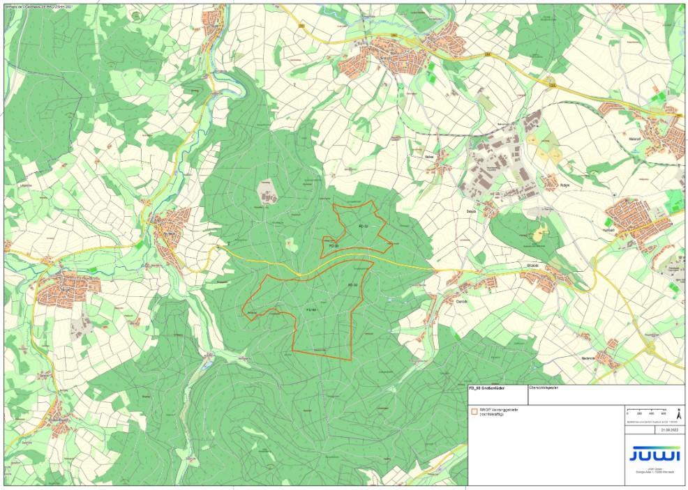 Das Vorranggebiet FD_50 „Steinerne Platte/Schnepfenwald“ (rot umrandet), in welchem die Windenergieanlagen geplant werden.