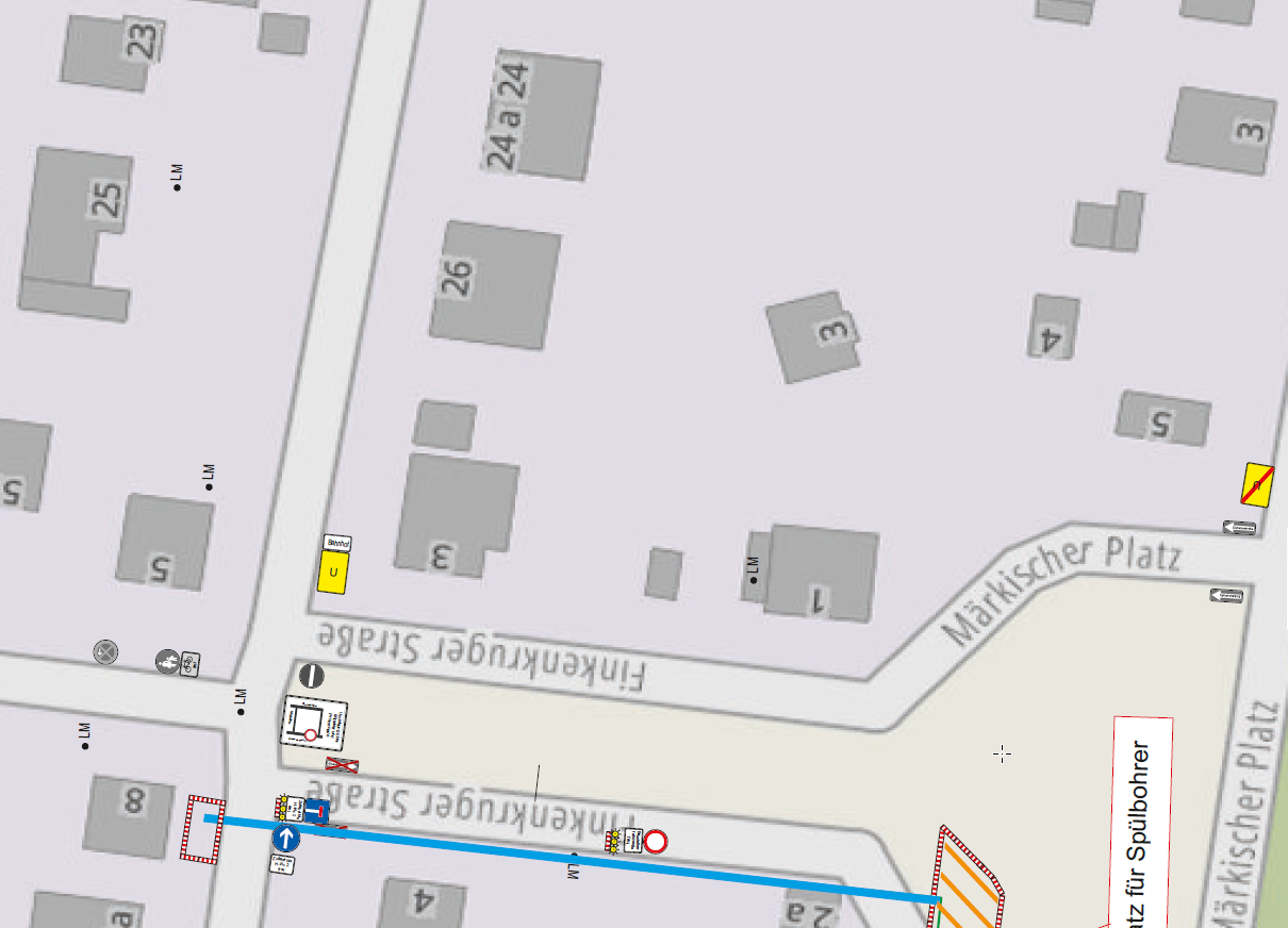 Karte zu Umleitungen wegen Bauarbeiten am Märkischen Platz zwischen 13.10. und 18.12.2026