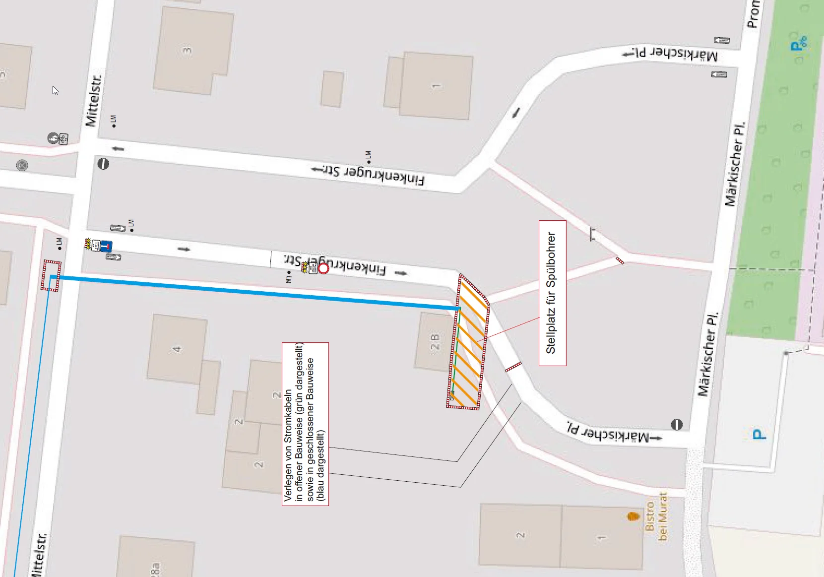 Karte zu Umleitungen wegen Bauarbeiten am Märkischen Platz zwischen 13.10. und 18.12.2026