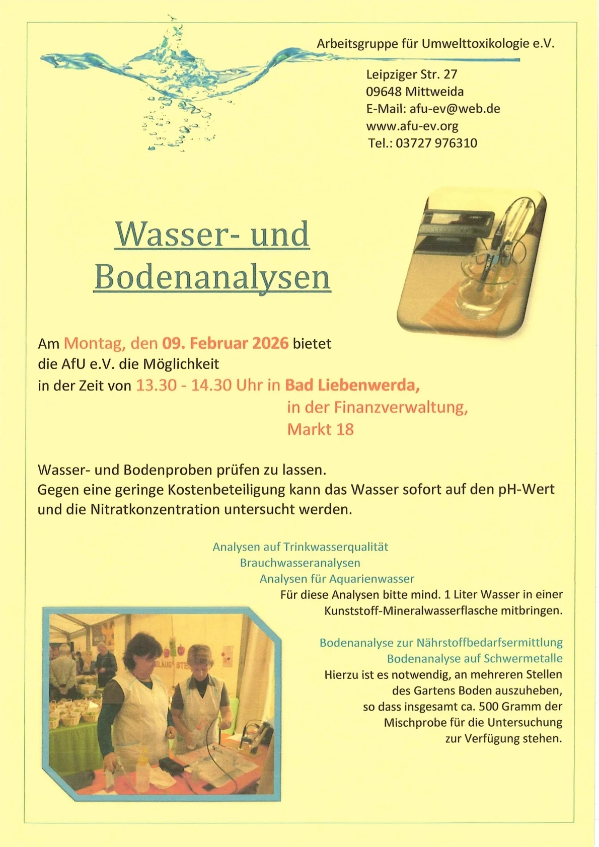 Termin für Wasser und Bodenanalysen