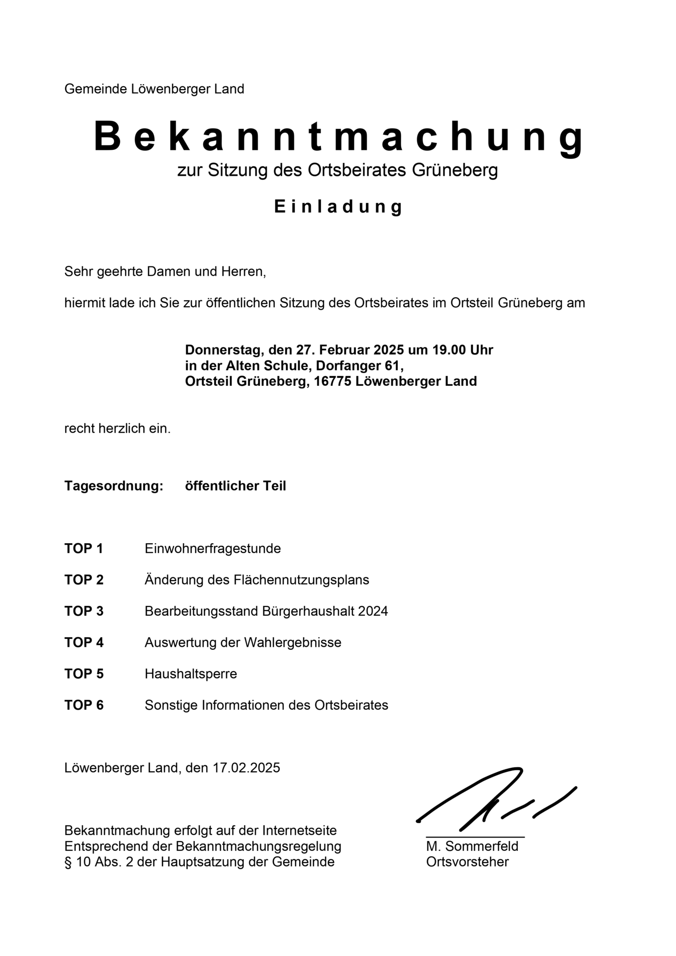 Einladung Ortsbeiratssitzung Grüneberg