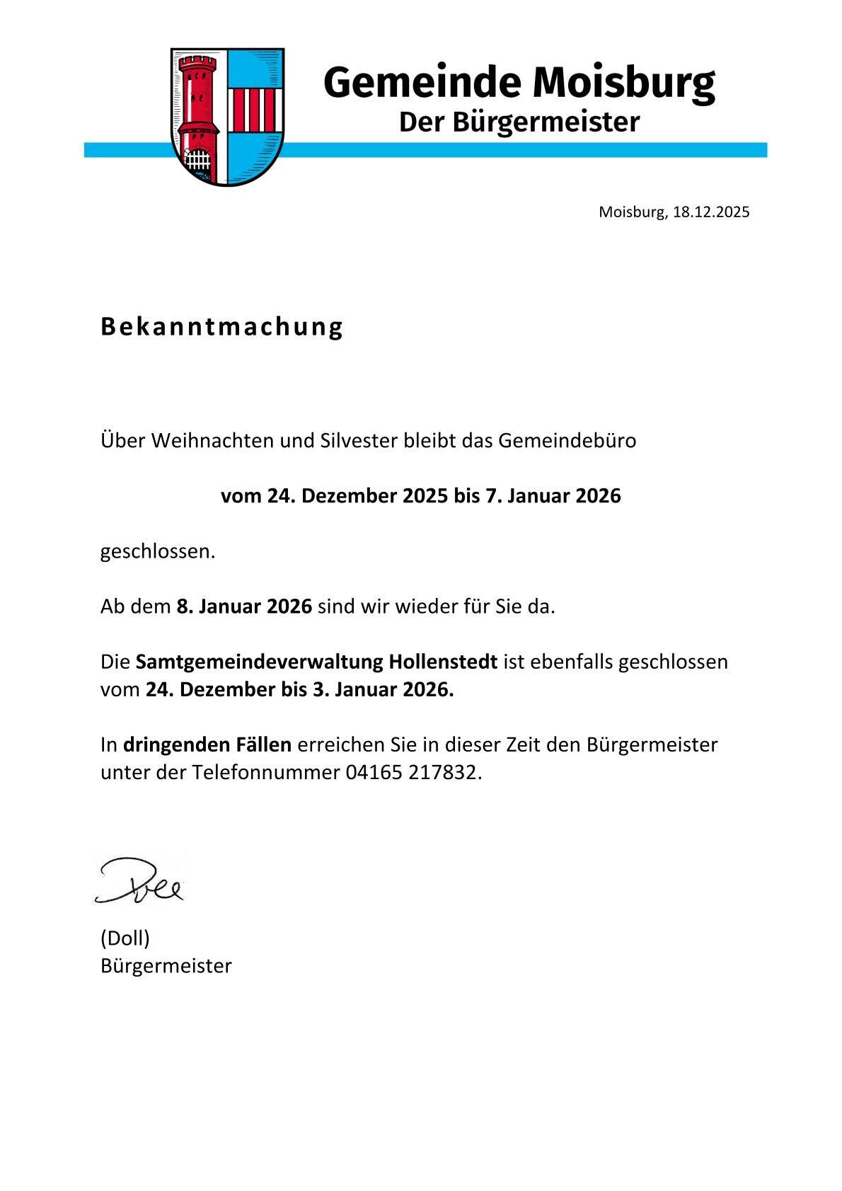 Schließung des Amtshauses 24.12.25-07.01.2026