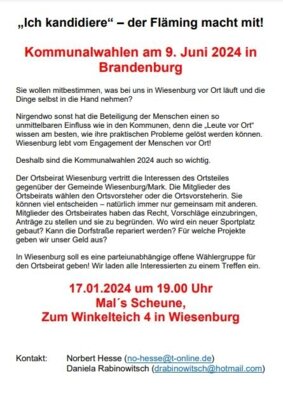 „Ich kandidiere“ – der Fläming macht mit! - Informationsveranstaltung im Hinblick auf die Kommunalwahl am 09. Juni 2024 - Ortbeirat Wiesenburg (Bild vergrößern)