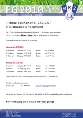 Meldung: 4. Hännes Benz Cup am 27.-28.01.2024 in der Riedhalle in Wilhelmsdorf