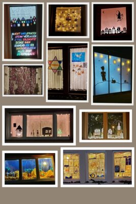 Einzelne Bilder der Emmelshausenser Adventsfenster in eine Collage zusammengestellt.  Die Bilder wurden von Petra Nick zur Verfügung gestellt.