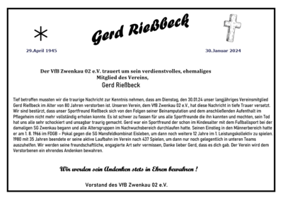 Meldung: Der VfB Zwenkau 02 e.V. trauert um   Gerd Rießbeck