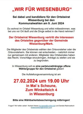 „WIR FÜR WIESENBURG“ – Aufstellungsversammlung am 27.02.2024 für den Ortsbeirat Wiesenburg (Bild vergrößern)