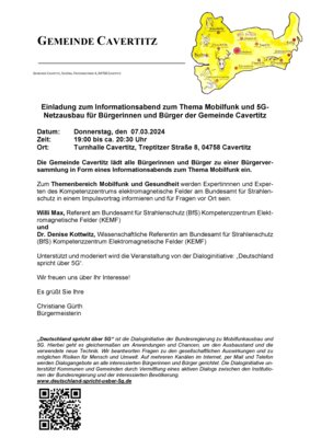 Meldung: Veranstaltungshinweis zum Thema Mobilfunk und 5G Netzausbau für Bürgerinnen und Bürger der Gemeinde Cavertitz