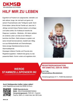 Am 09.03.2024 in Mundelsheim: HILF FRIEDRICH ZU LEBEN - WERDE STAMMZELLSPENDER:IN!