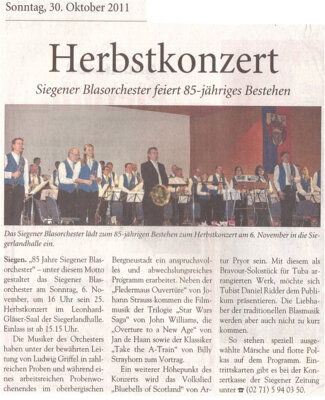 Meldung: Herbstkonzert. Siegener Blasorchester feiert 85-jähriges Bestehen