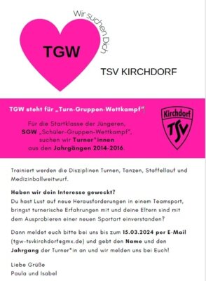 Foto zu Meldung: TGW steht für „Turn-Gruppen-Wettkampf“  Wir suchen Dich