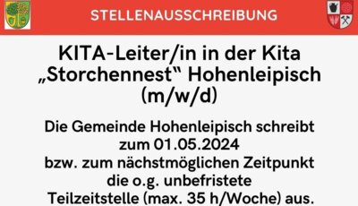 Stellenausschreibung - KITA-Leiter/in in der Kita „Storchennest“ Hohenleipisch (m/w/d) (Bild vergr&ouml;&szlig;ern)