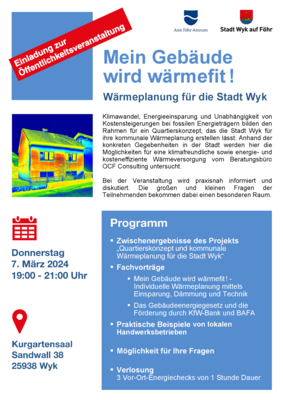 Erinnerung: Diese Woche Infoabend zu Quartierskonzept & Wärmeplanung der Stadt Wyk